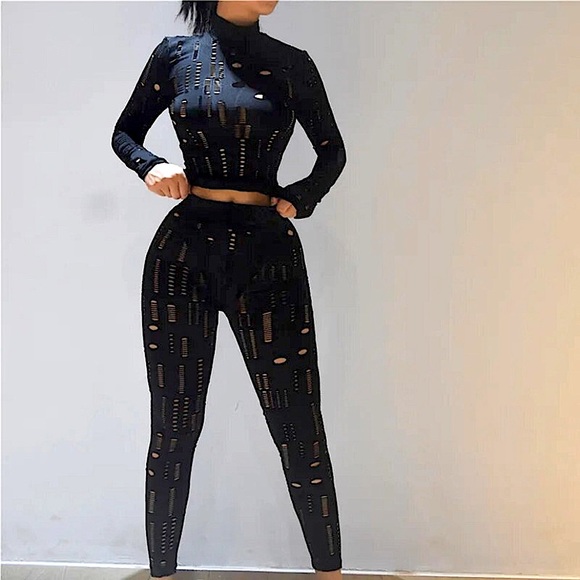 Two piece black hollow out long sleeve matching set - Picture 1 of 16